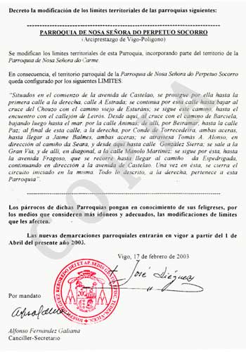 Decreto del obispado sobre los lmites parroquiales